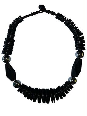 Vintage Silver & Black Wooden Bead Necklace with Leather Cord 18”